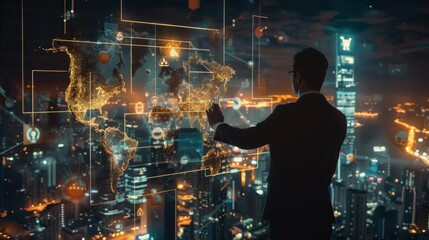 A visionary business leader uses a touchscreen to manipulate virtual icons of world maps and industries