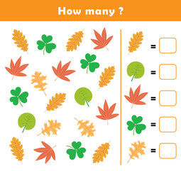 Counting children game cartoon. I spy game for toddlers. Find and count the leaves worksheet. Counting educational activity for children and kids.