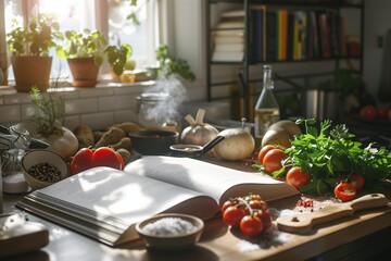 Sunlit kitchen with cookbook and ingredients