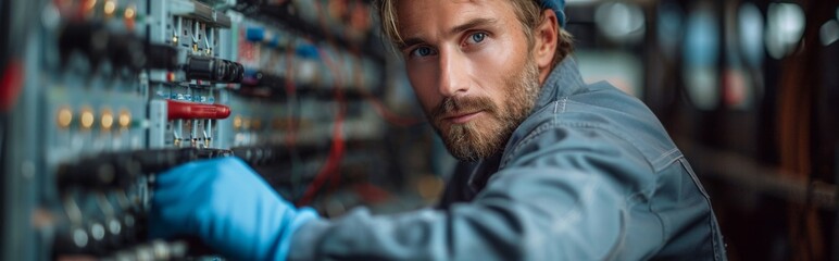 Fototapeta premium Side view or back view of professional electrician working seriously in switchboard with electrical connection cables, wearing white safety helmet and blue overalls, electrician repairing,blue gloves