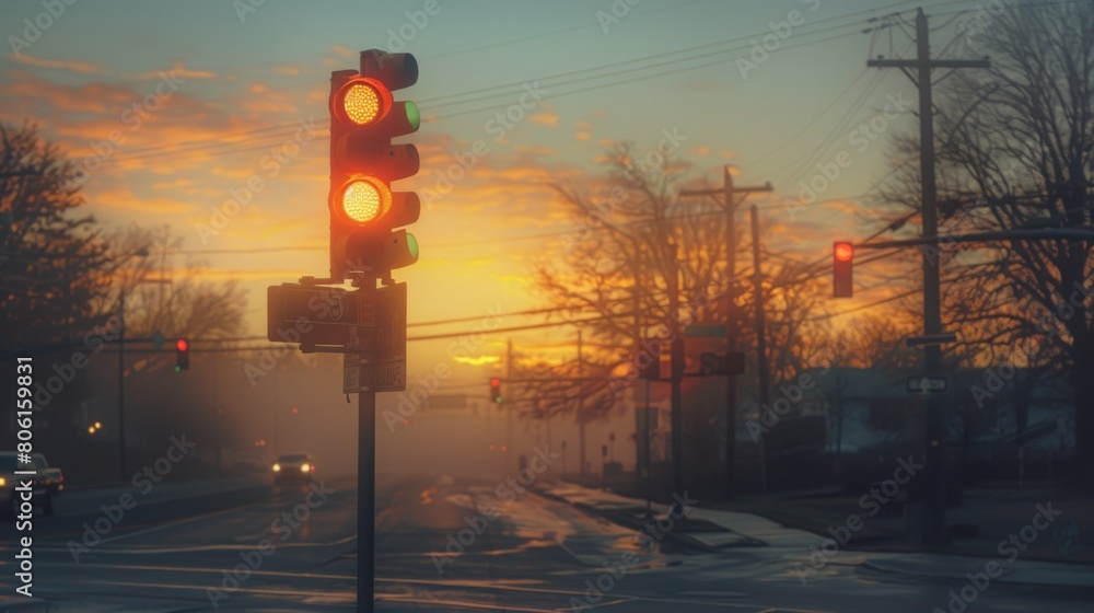 Poster a traffic light intersection at dawn, with soft morning light casting a golden hue on the signal lig