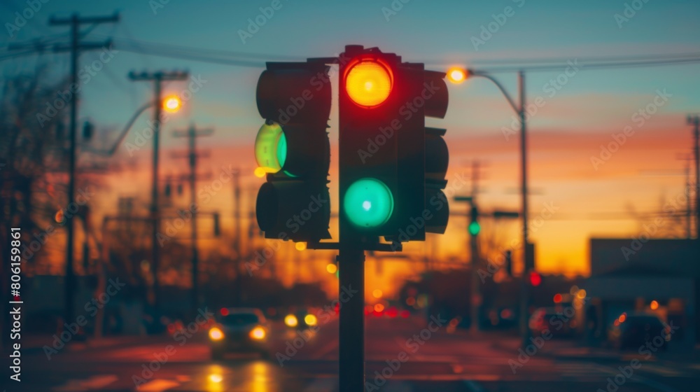 Aufkleber a traffic light intersection at dawn, with soft morning light casting a golden hue on the signal lig
