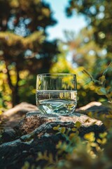 a glass of water on the background of nature. Selective focus