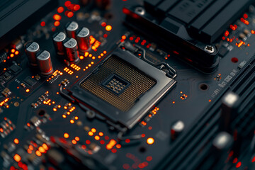 Fototapeta premium CPU with orange glowing lights on circuit board