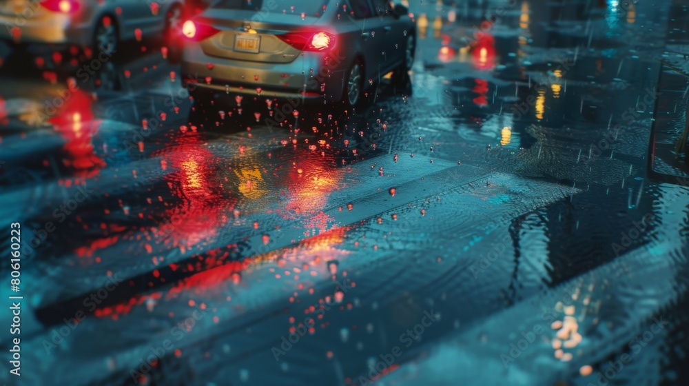Aufkleber a traffic light reflection on a rainy street, adding a surreal ambiance as vehicles navigate through