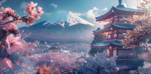 Mount Fuji with traditional Japanese buildings in front and cherry blossom trees. Generative AI. - Powered by Adobe