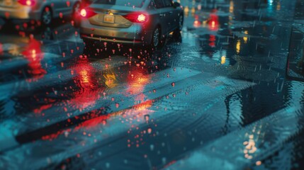 A traffic light reflection on a rainy street, adding a surreal ambiance as vehicles navigate through wet conditions with caution.