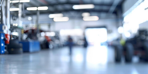 A blurry image of a auto repair shop. Blurred car service station. Large open hangar and lots of light. - Powered by Adobe