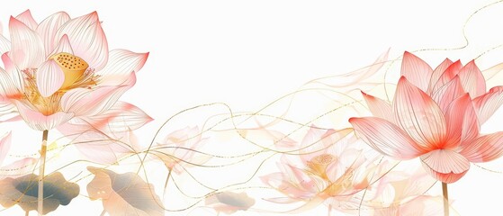 Pink and gold lines intricately weave through lotus flowers and leaves on a crisp white background