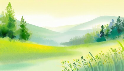 真夏、草の香り、心地よい暑さ、森林をシンプルに絵具で表現する generated by AI