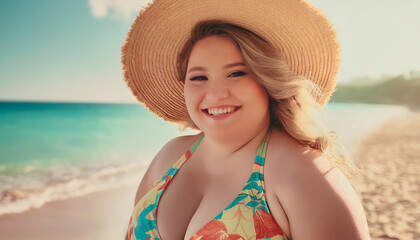 frau, plus, size, neu, close up, strand, meer, hut, bikini, sch&ouml;n, model, haare, blond, konzept, K&ouml;rperbewusstsein, selbstbewusst, blond, tropisch, palmen, sonne, urlaub, reiseb&uuml;ro, reisen, lachend, 
