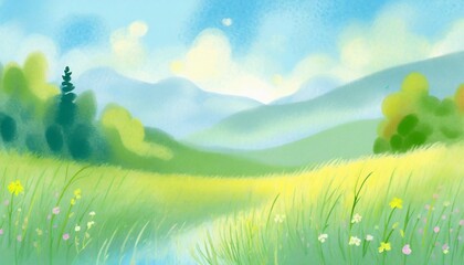 真夏、草の香り、心地よい暑さ、森林をシンプルに絵具で表現する generated by AI