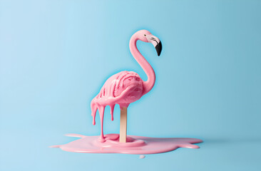 Fototapeta premium llustration créative d'un flamant rose en forme de glace qui fond lentement sur un fond bleu, douceur de l'été tropical