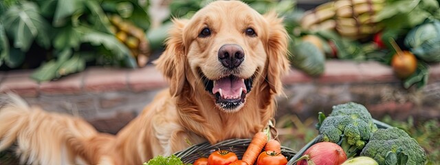 dog and fresh vegetables. Selective focus