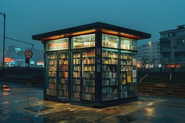 books corner in small glass bus stand