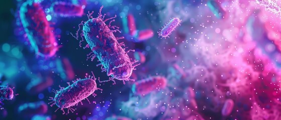 Microscopic views of probiotics bacteria, detailed in a biology context, serve to magnify the futuristic science research banner, Sharpen banner template with copy space on center