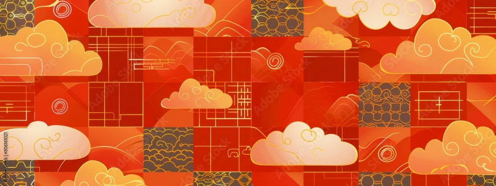 Poster new year background, orange and red checkered pattern with golden cloud patterns on top, simple japa