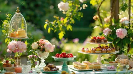 Prepared birthday table in summer green garden, white tablecloth and delicate china plates and silverware, table set for a summer brunch in the garden professional photography
 - Powered by Adobe