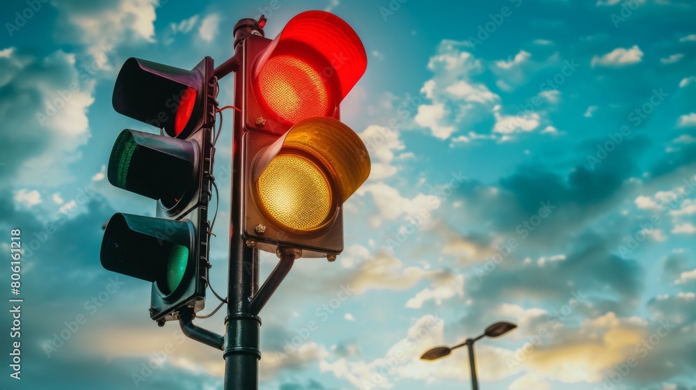 Poster a traffic signal changing from red to green, indicating the transition from stop to go for vehicles 