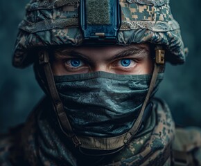 Soldier in Face Mask Looking at Camera