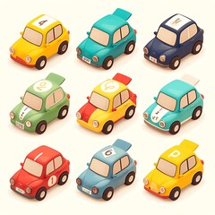 A playful set of toy cars in bright colors, isolated on a white background, with each car featuring unique details like racing stripes and numbers