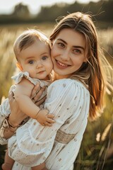 Obraz premium mother with a small child in her arms on the background of the field
