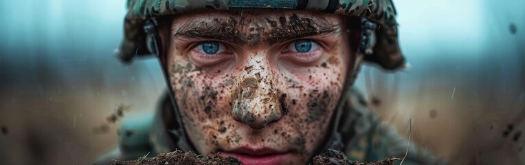 Mud-Covered Soldier Wearing Helmet
