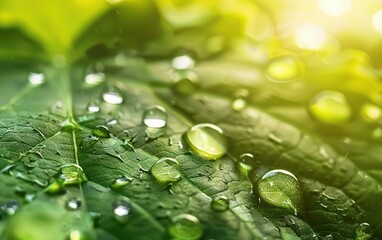 Sunlit Dew Drops on Fresh Green Leaves