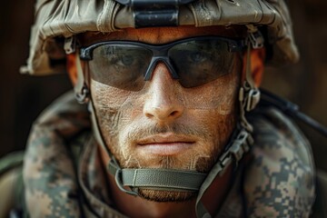 Close Up of Soldier Wearing Helmet and Goggles