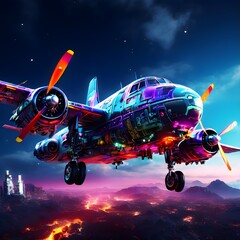 An airplane painted in crazy colors flying in the sky