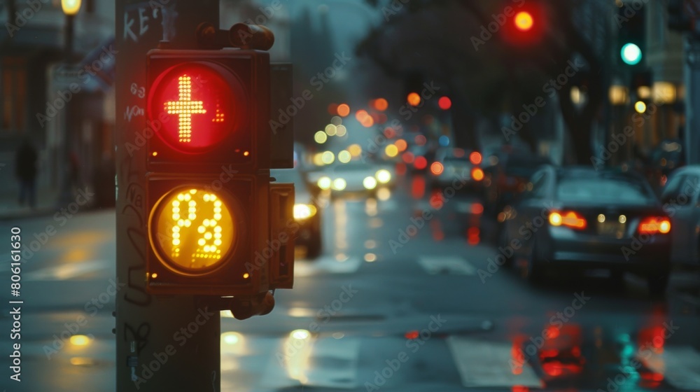 Poster a traffic signal countdown timer, displaying seconds until the light changes, helping drivers antici