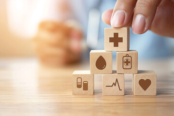 hand holding wood block set arranging with healthcare medical icon for health insurance concept.