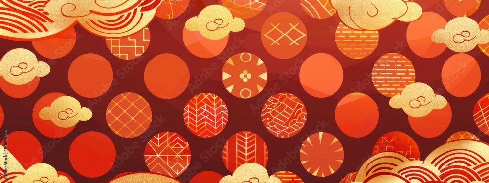 Poster new year background, orange and red checkered pattern with golden cloud patterns on top, simple japa