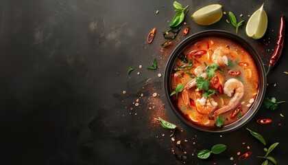 Thai food like spicy tom yum soup is perfect for a food commercial advertisement menu banner, with solid background and copy space on center for advertise