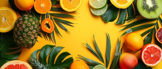 The creative flat lay template of assorted tropical fruits offers a taste of exotic freshness and natural sweetness, with solid background and copy space on center