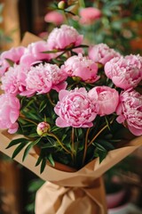 Bouquet of Pink Peonies Wrapped in Brown Paper