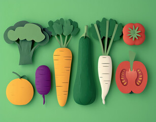 Colorful Paper Cutout Design with Fresh Carrots, Tomatoes, and Broccoli on Green Background for Healthy Eating Concept