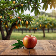 Empty wooden table for product display with mango trees blurred background and a few mangos
