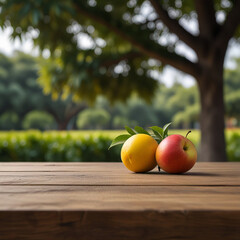 Empty wooden table for product display with mango trees blurred background and a few mangos