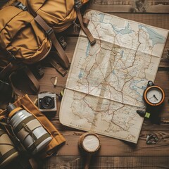 This creative flat lay template of hiking gear and trail maps illustrates the essentials for adventure travel, with solid background and copy space on center