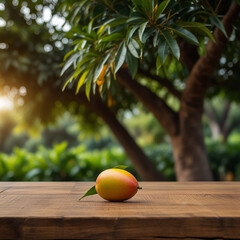 Empty wooden table for product display with mango trees blurred background and a few mangos