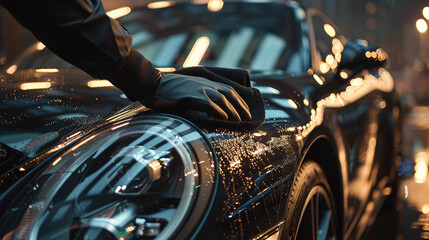 Polishing a black car with a microfiber cloth
