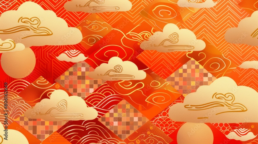 Poster new year background, orange and red checkered pattern with golden cloud patterns on top, simple japa