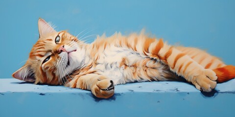 Impudent cat in unbridled pose lies on blue background, concept of Playful feline