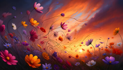Fiery Twilight Dance: Vivid Wildflowers Under a Dramatic Sunset Sky