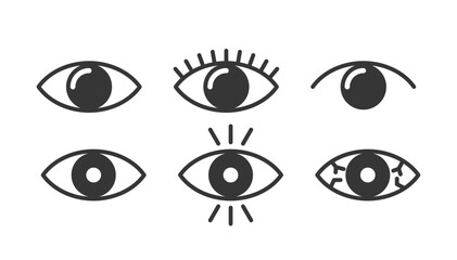Collection Of Six Vector Eye Icons In Black And White, Showcasing Various Styles And Expressions, Vector Illustration