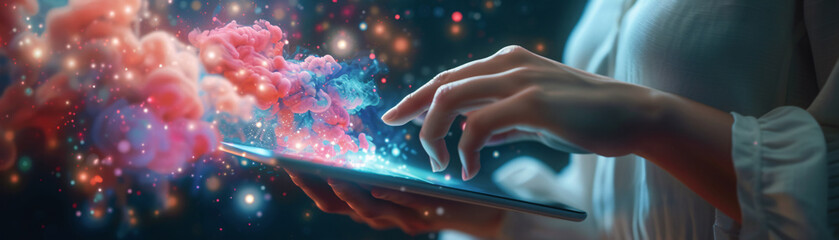 Close-up of digital marketer's hand crafting engaging social media ad on tablet. Lively graphics on screen, colorful smoke emanates, adding magic.