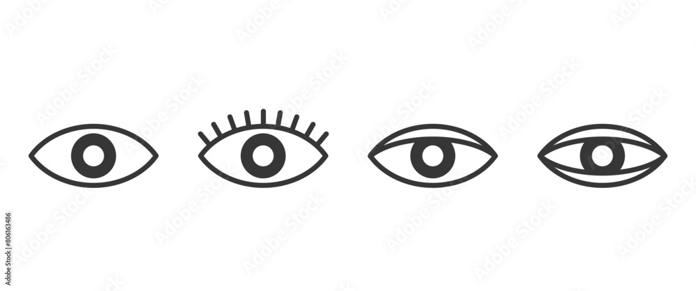 Poster set of minimalist vector eye icons in black and white, showcasing different styles from simple to de