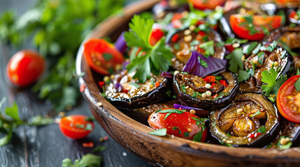 Vegetarian Eggplant Salad with Baked Aubergine, Cherry Tomatoes and Cilantro