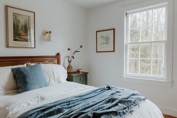 Bedroom in a quaint old New England cottage, with white walls and minimalist decor and art on the wall above the bed, a simple wood headboard, a large window with trees outside.